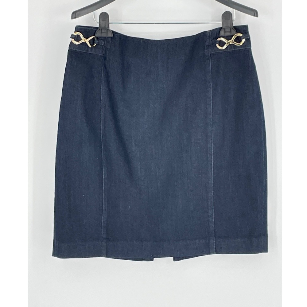 Ellen Tracy Womens Skirt 12 Pencil Blue Denim Gold Horsebit Hardware Cowgirl